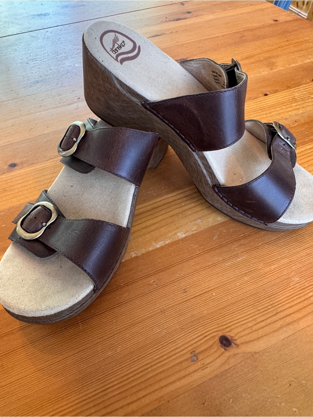 Dansko Brown Leather Wedge Slide Mules with Buckle Straps